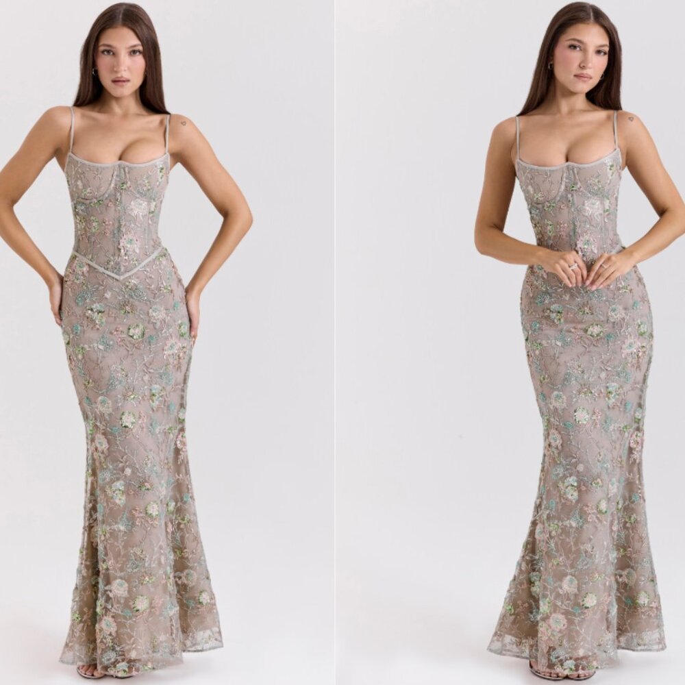 House of CB NAIMA Silver Embellished Beaded Corset Maxi Dress NWOT